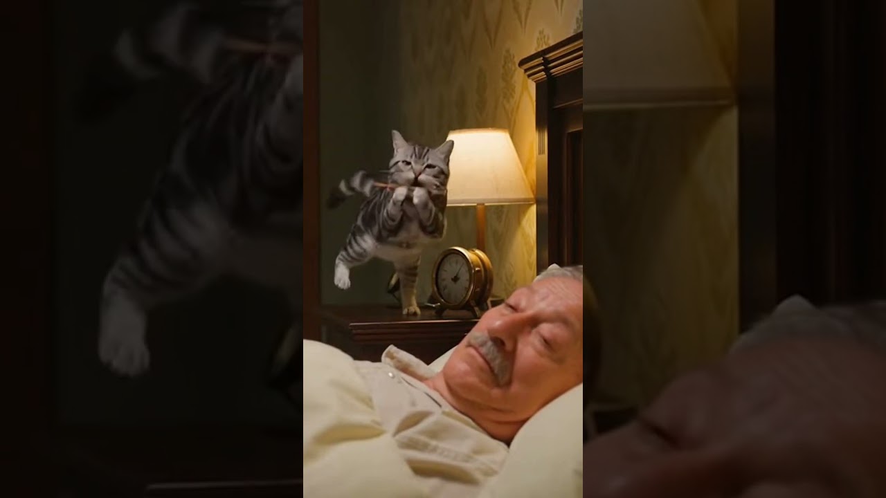 お爺さんの枕元で笛を吹く悪戯好きな子猫