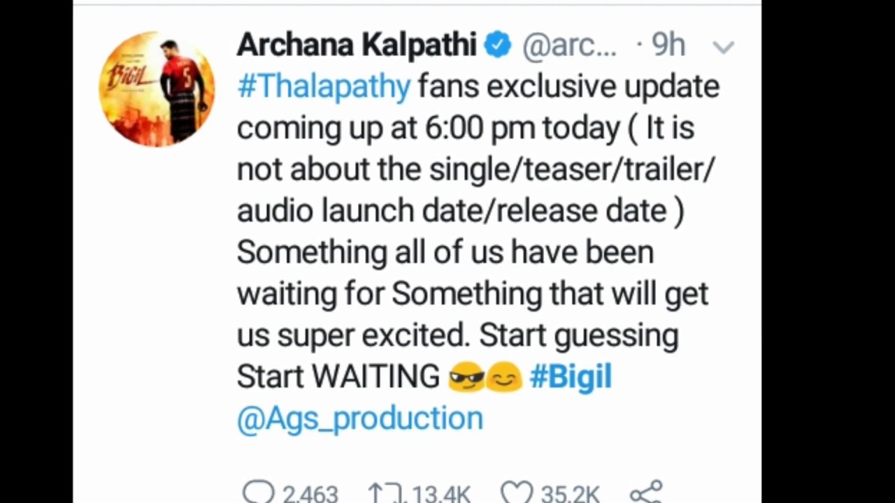 Bigil today 6pm update | vijay | archana kalatti | atlee |