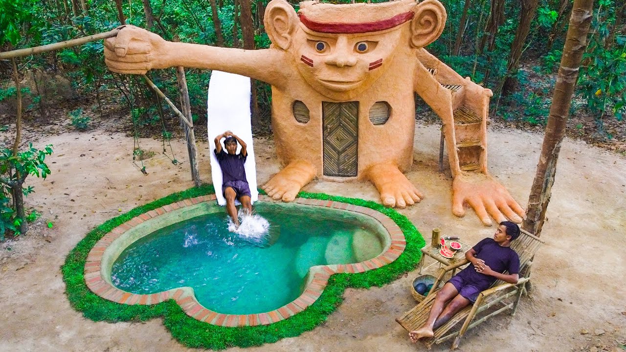 100 Days Building A Monkey House And Waterslide Into Swimming Pool