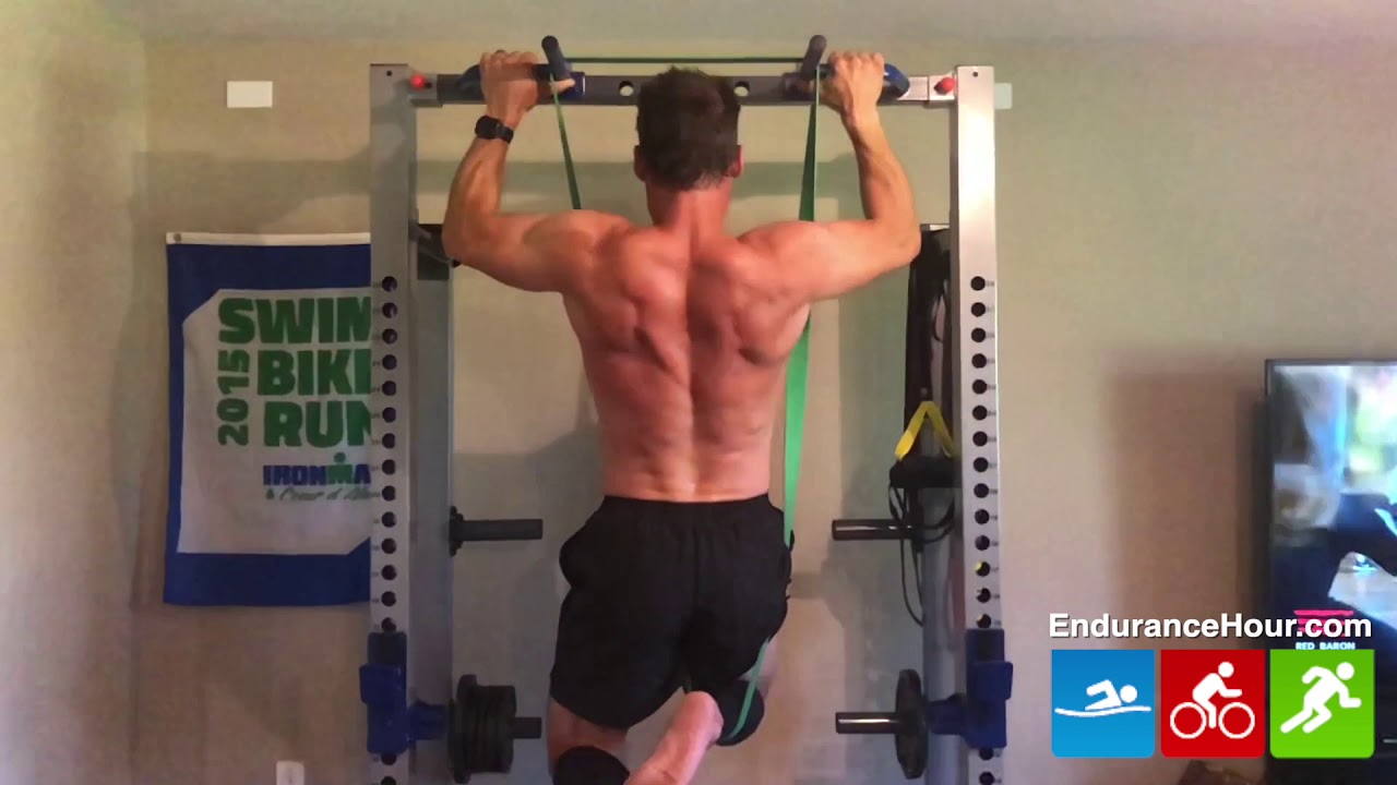 Resistance band pullups in slow motion at Home on the Endurance Hour
