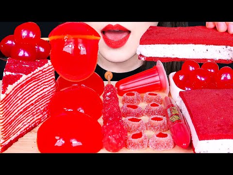 ASMR <strong>RED</strong> DESSERTS 빨간색 디저트 먹방 CREPE CAKE, GIANT JELLY, POPPING <strong>BOBA</strong>, ICE CREAM EATING SOUNDS MUKBANG