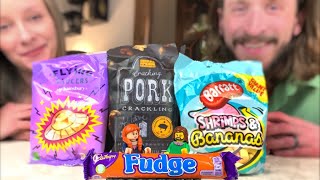 Americans Trying Pork Crackling, Flying Saucers, Cadbury Fudge, and Shrimps & Bananas from the UK