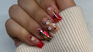 Red &amp; Gold Valentine’s Day Acrylic Nails | Watch me do my nails with my non dominant hand