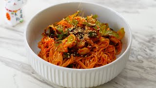 Very Delicious Spicy Korean cold noodles using Korean BBQ dipping Sauce!