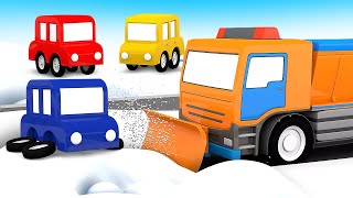 Os quatro carros coloridos e o limpa-neve. Desenho animado infantil. Desenhos animados em português