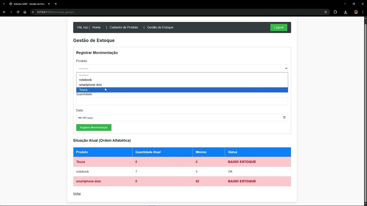 SISTEMA DE GESTÃO DE ESTOQUE COM DJANGO