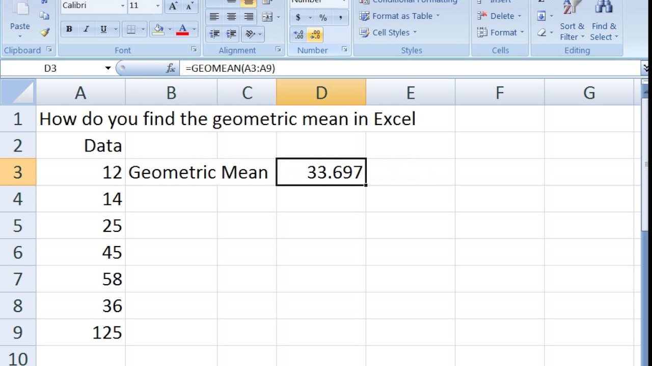 How Do You Find The Geometric Mean In Excel Youtube