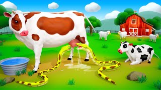 Cunning Snake Drinking Cow's Milk  Farm Animals Counter Attack in Snake | Funny Monkey Pig Goat