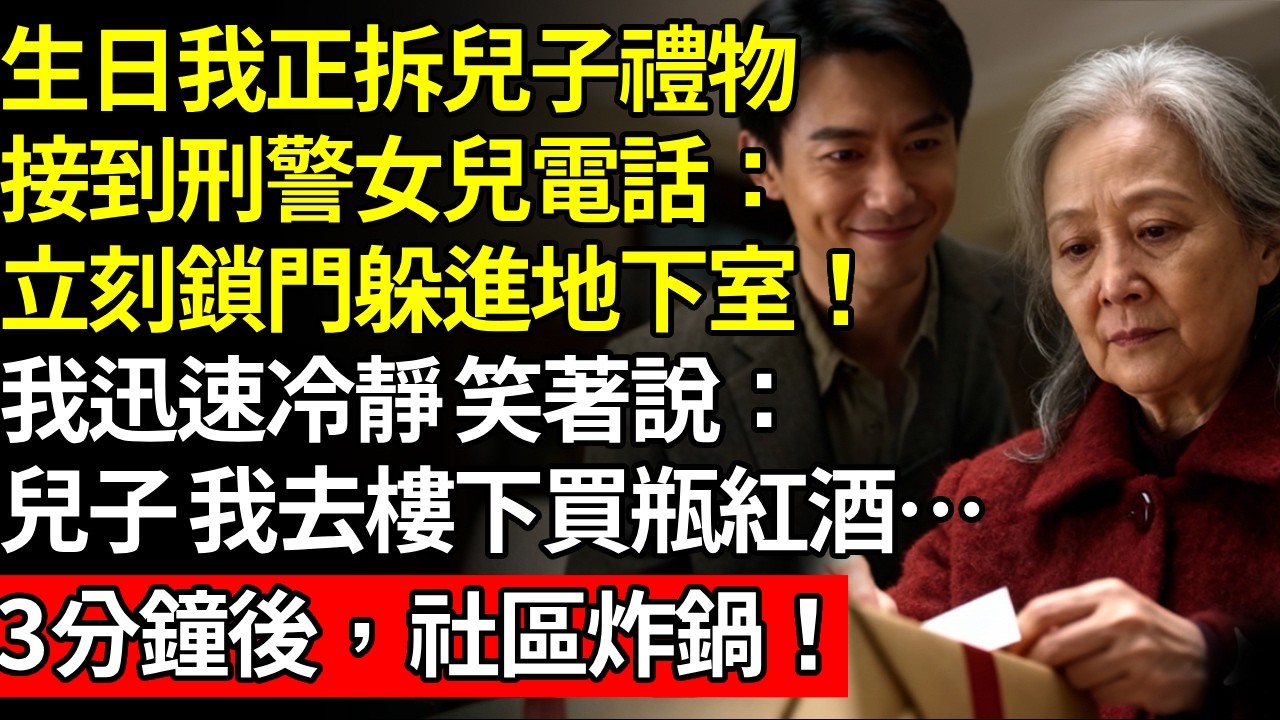 生日我正拆兒子禮物，接到刑警女兒電話：立刻鎖門躲進地下室！我迅速冷靜，笑著說：兒子，我去樓下買個東西…#養老#不孝子#人間家事#退休金