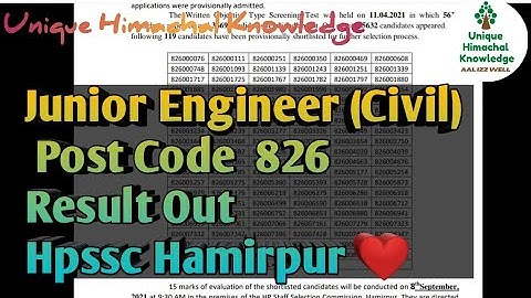 Junior Engineer (Civil) Post Code: 826 Result Out Hpssc Hamirpur 🙏🙏