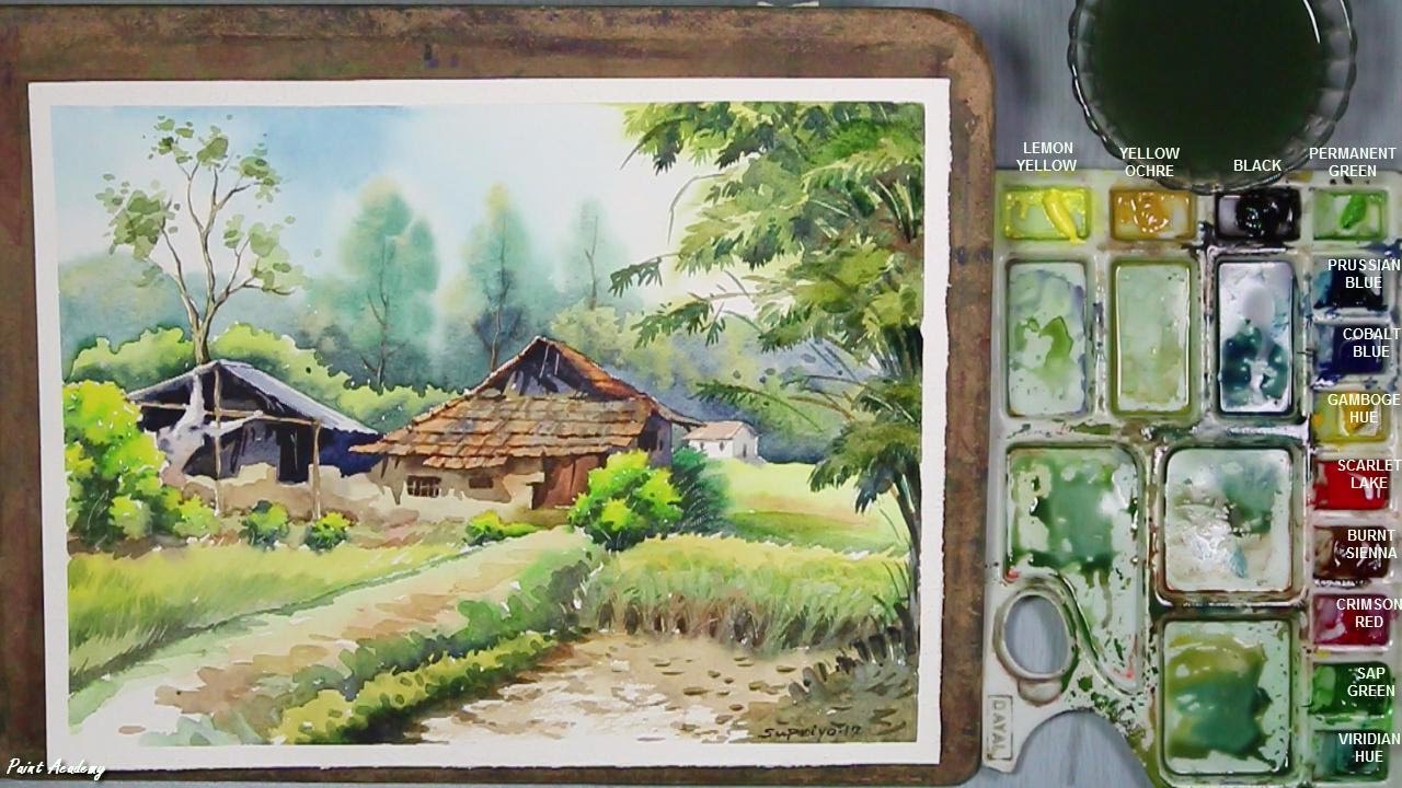  Watercolor  Painting  Village Landscape step  by step  