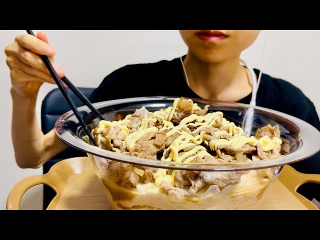 【咀嚼音 ASMR】豚肉の甘辛炒め, クリームうどん, stir-fried pork, cream udon