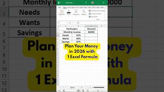 Plan Your Money in 2026 with 1 Excel Formula | 50–30–20 Rule #EXCEL #SHORTS
