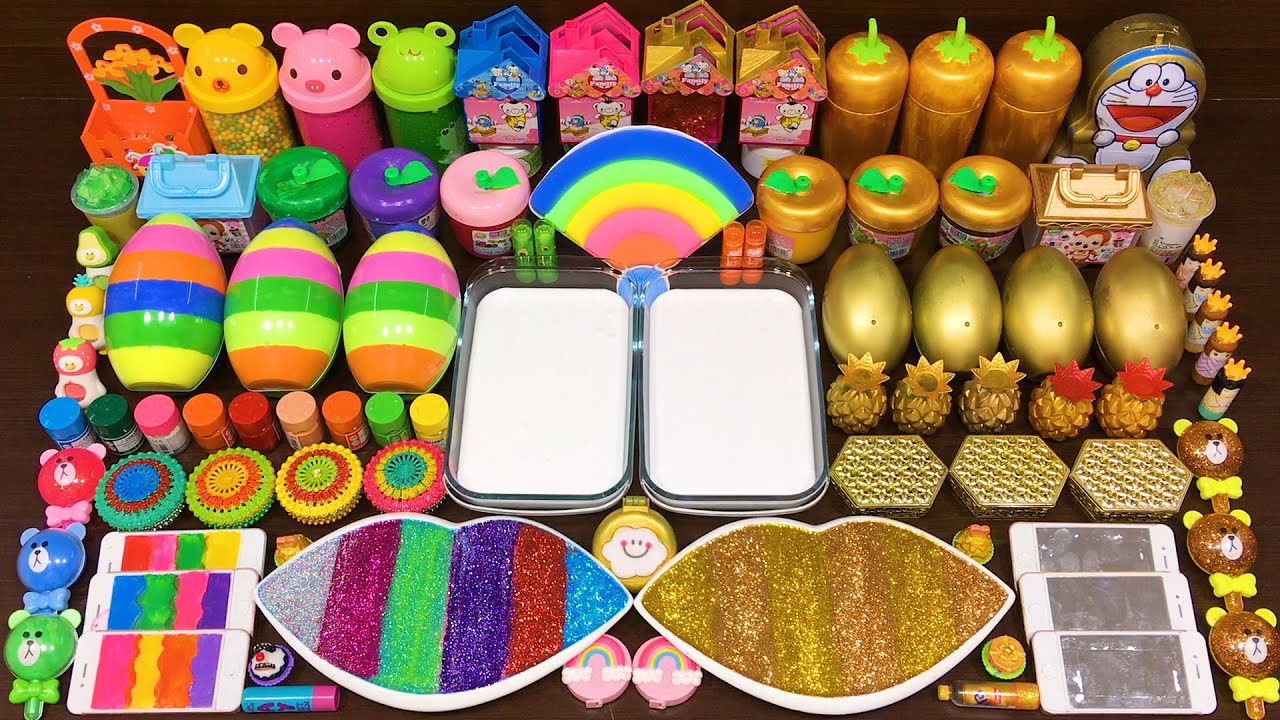 RAINBOW vs GOLD! Mixing Random into GLOSSY Slime ! Satisfying Slime Video 