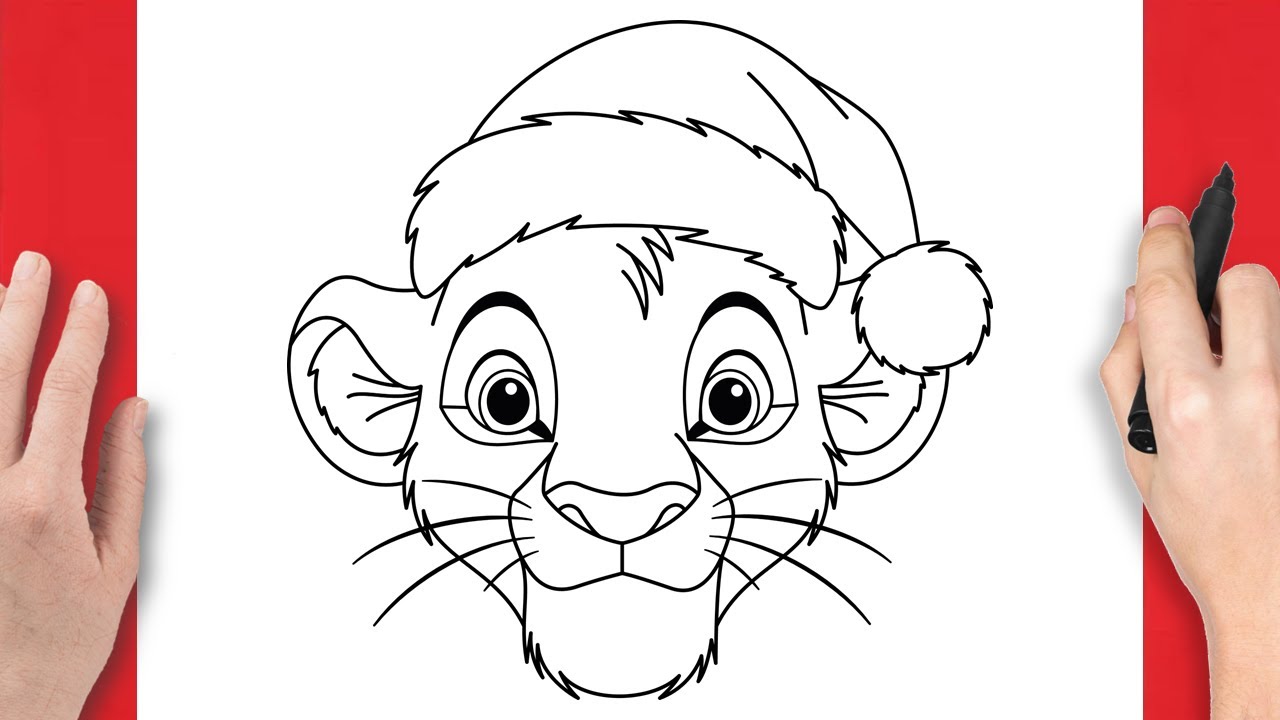 How to Draw Simba with a Christmas Hat – Step by Step Drawing Tutorial ...