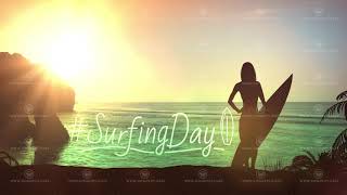 Silhouette of a girl with a surfboard on a sunset background.