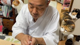 おにぎりは自分で握るよ住職。見守り猫付き。