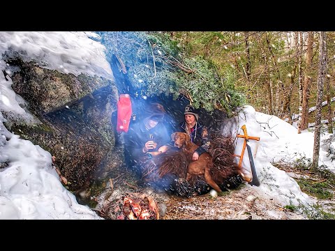 Winter Camping in Snow Bushcraft Build Warm & Cozy Primitive Shelter | Overnight | Fur Blanket ASMR