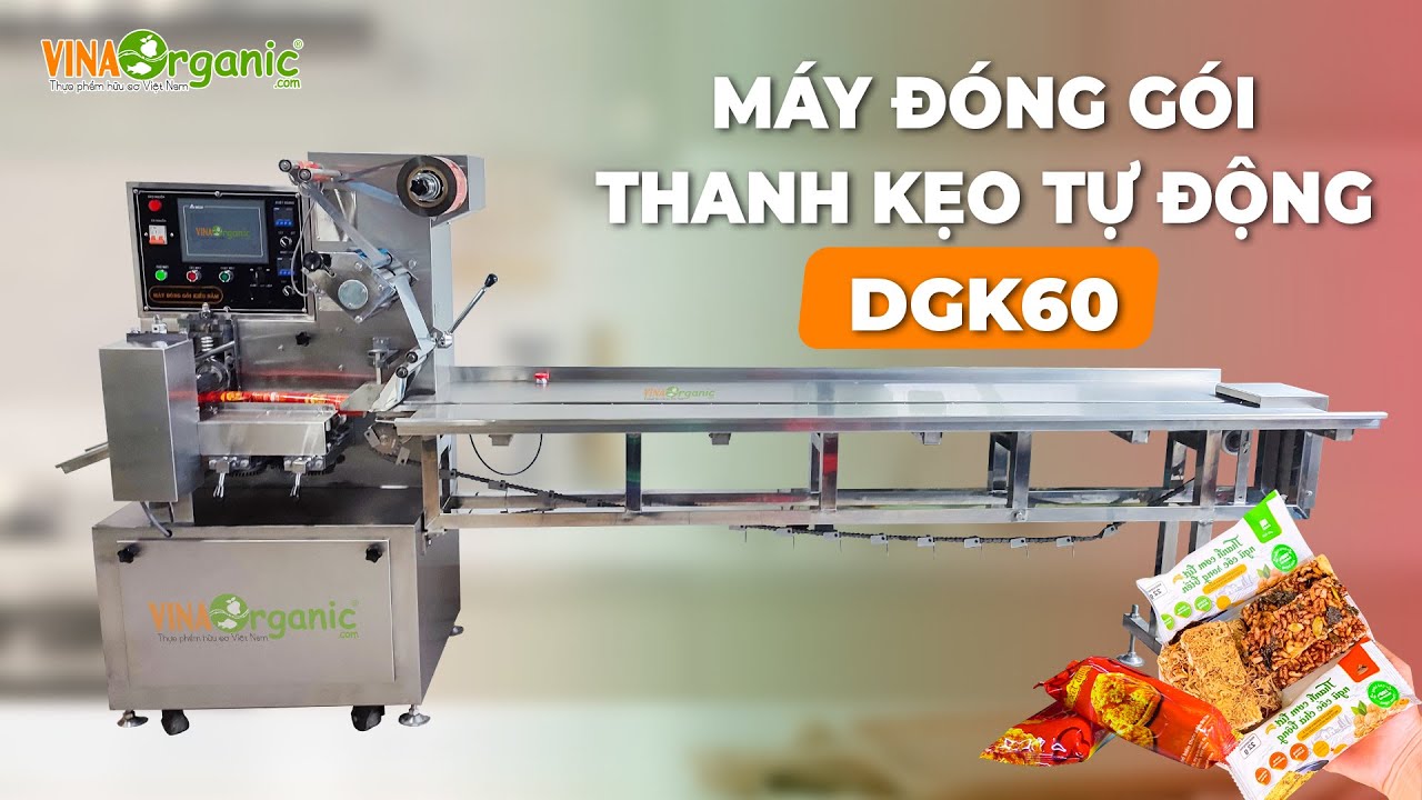 Máy đóng gói bánh kẹo thanh cốm tự động kiểu nằm VinaOrganic - YouTube