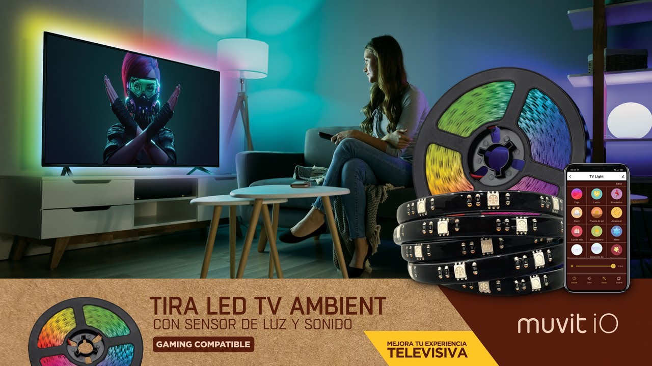 Tira LED TV Ambient, con sensor de luz y sonido muvit iO, compatible con  Google Assistant y Alexa 