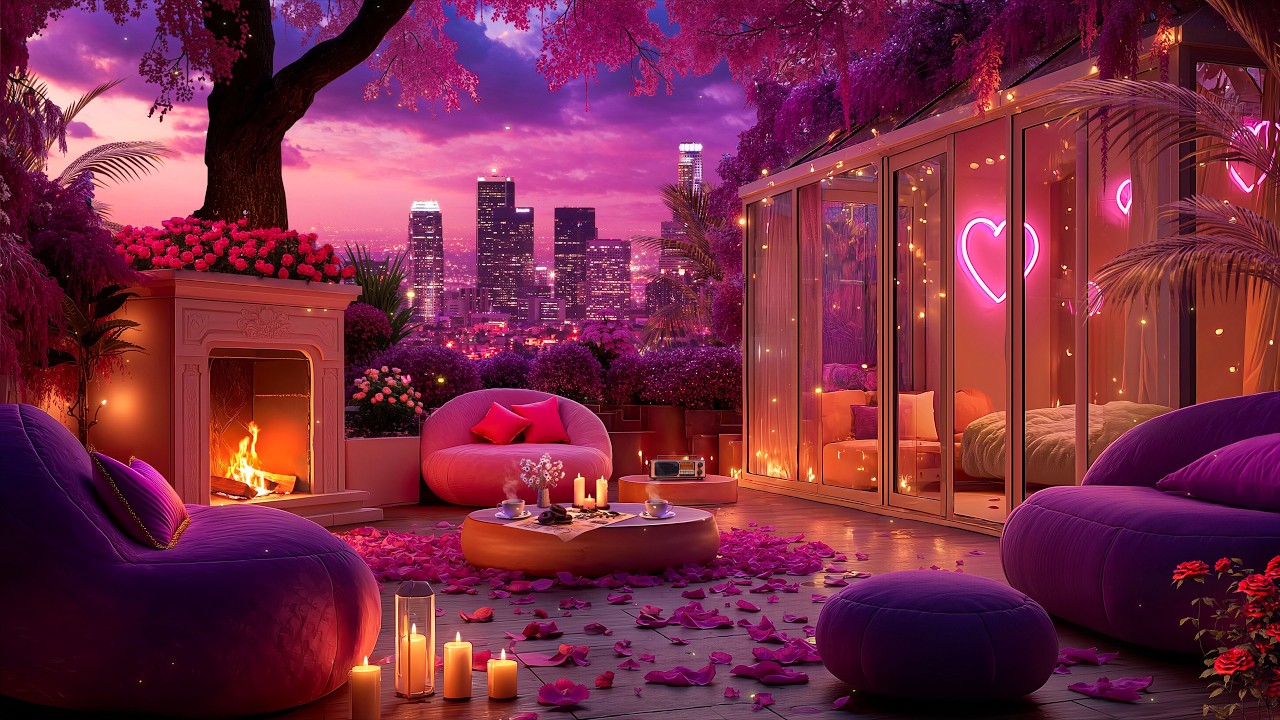 💕 Pink Rooftop Escape 🌆 Fireplace Glow & Neon Heart City Night Ambience for Relax