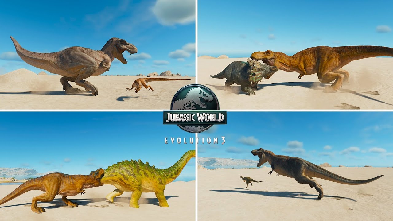 T-rex hunt and kill other dinosaurs jurassic world evolution 3 - YouTube