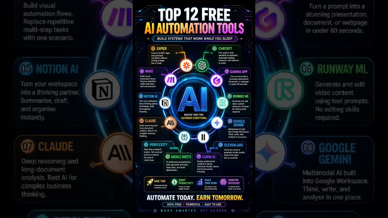 TOP 12 AI TOOLS THAT WORK WHILE YOU SLEEP 🤖Save Time • Automate Work • Grow Faster#short#viralshort