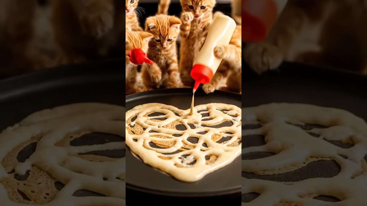 Kittens playfully squeeze pancake batter into heart shape, nearly creating breakfast masterpiece