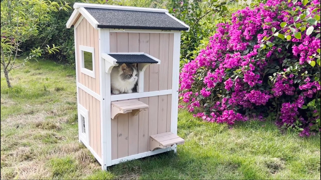 Petscosset PET04 Cat House Outdoor Two-Story Wooden Feral Cat