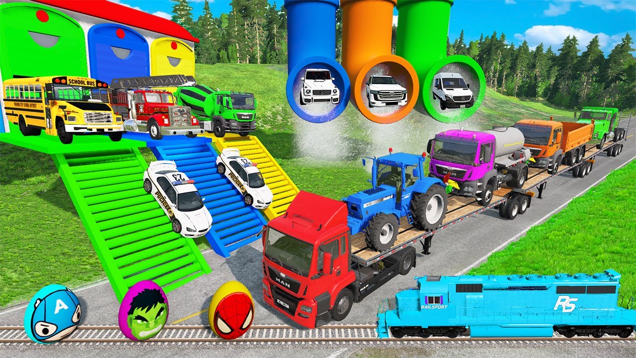 Triple Flatbed Trailer McQueen Transportation with Truck - Speedbumps vs Cars vs Train - BeamNG #27