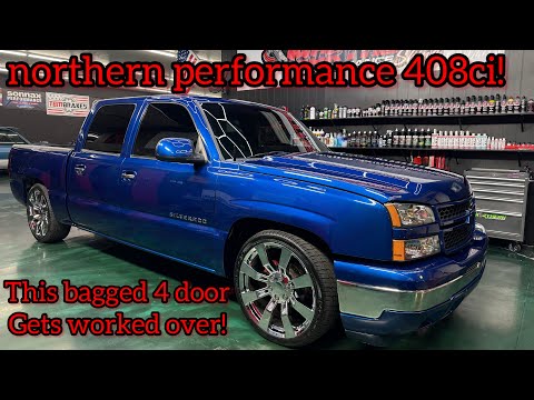 This bagged Silverado 4 door truck gets the 408 LS treatment! Sounds amazing custom exhaust 4l60e