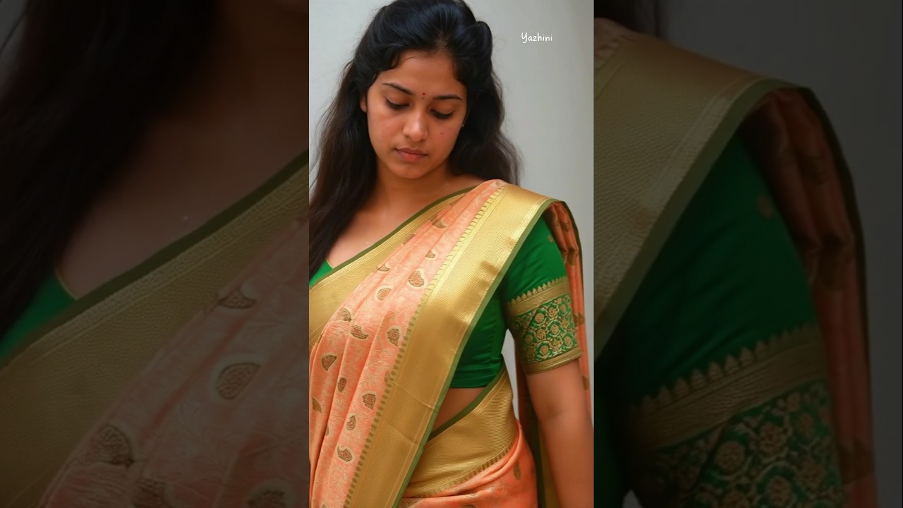 How to style like Yazhini ❤️🥻 |  Peach  Silk Saree with gold mortifs with Matching Green Blouse
