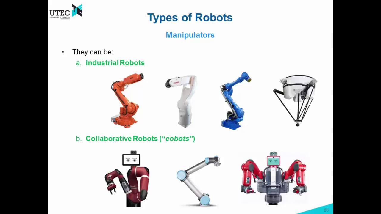 redde Demokratisk parti Herre venlig Lecture 1a - 3: Types of Robots (Robotics UTEC 2018-1) - YouTube