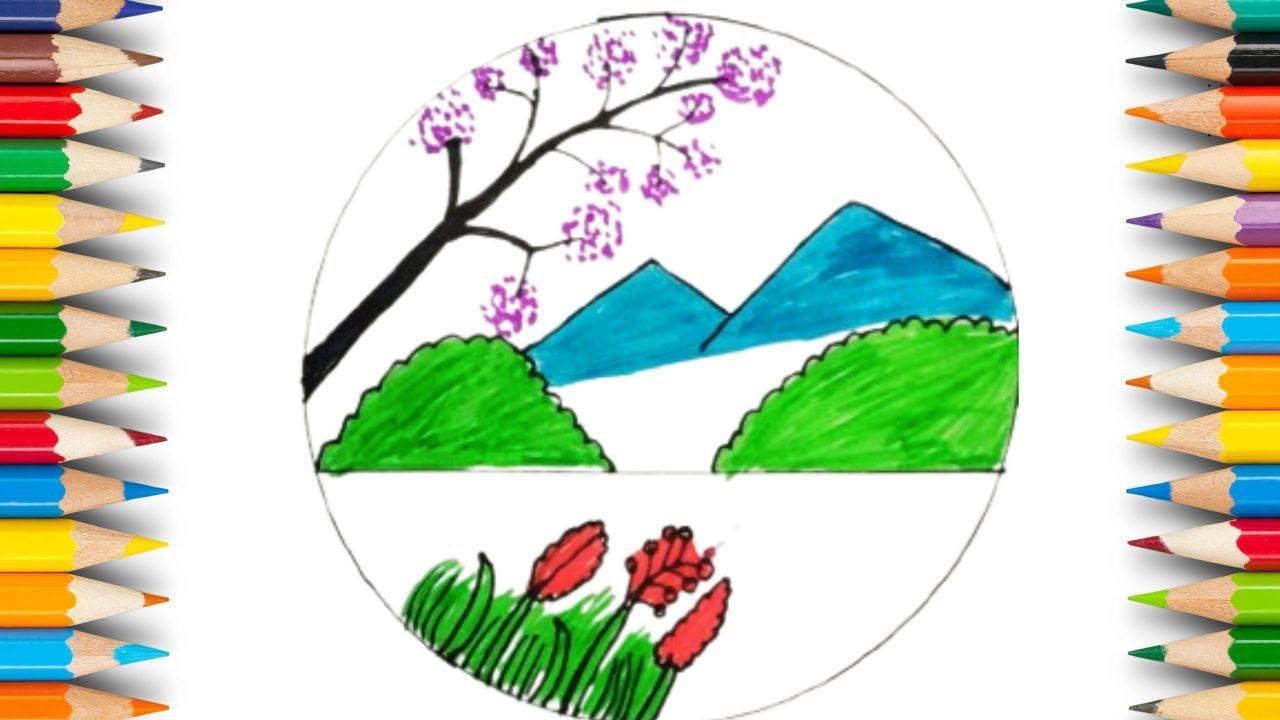 Simple Scenery Art | Circle Drawing| How to draw a scenery drawing ...