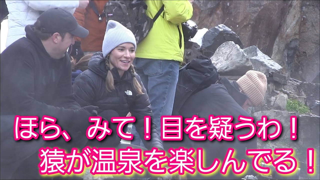 ほら、みて！目を疑うわ！猿が温泉を楽しんでる！目の前に広がる異世界に外国人観光客の笑顔が炸裂