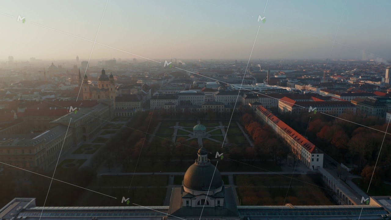 Stunning Establishing Shot above Bayerische Staatskanzlei Court Building in Munich, Germany with