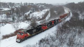 Awesome Aerial View in 60 fps! Extra Stack Train CN X120 heading East out of Moncton, NB