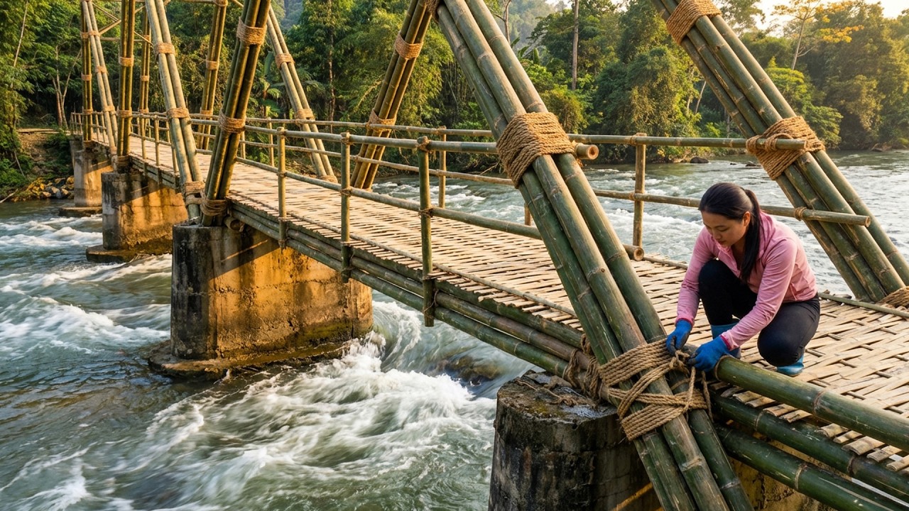 TIMELAPSE : Building A Bamboo Bridge Across The Flooded Stream To Connect The Two Sides Of The Farm