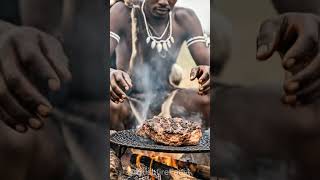 Tribal Bushfire Cooking of a Massive Steak Using Primitive Fire  #tribalfood #triballife #shorts