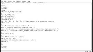 PHP Program To find the roots of the given Quadratic Equation