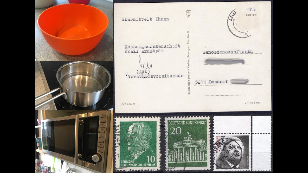 Das Ablösen von Briefmarken im Wasserbad, mit Wasserdampf und in der Mikrowelle