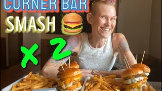 CORNER BAR SMASH BURGER X2?!??  NEVER BEEN DONE | MOLLY SCHUYLER | MOM VS FOOD | DOUBLE CHALLENGE