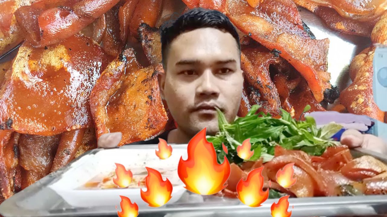 Roast Pig Skin with Red Chili Sauce Mukbang Eating YouTube