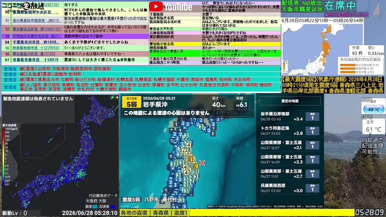 コメ無し版【緊急地震速報】岩手県沖(最大震度5弱 M6.1) 2026.06.28【BSC24】
