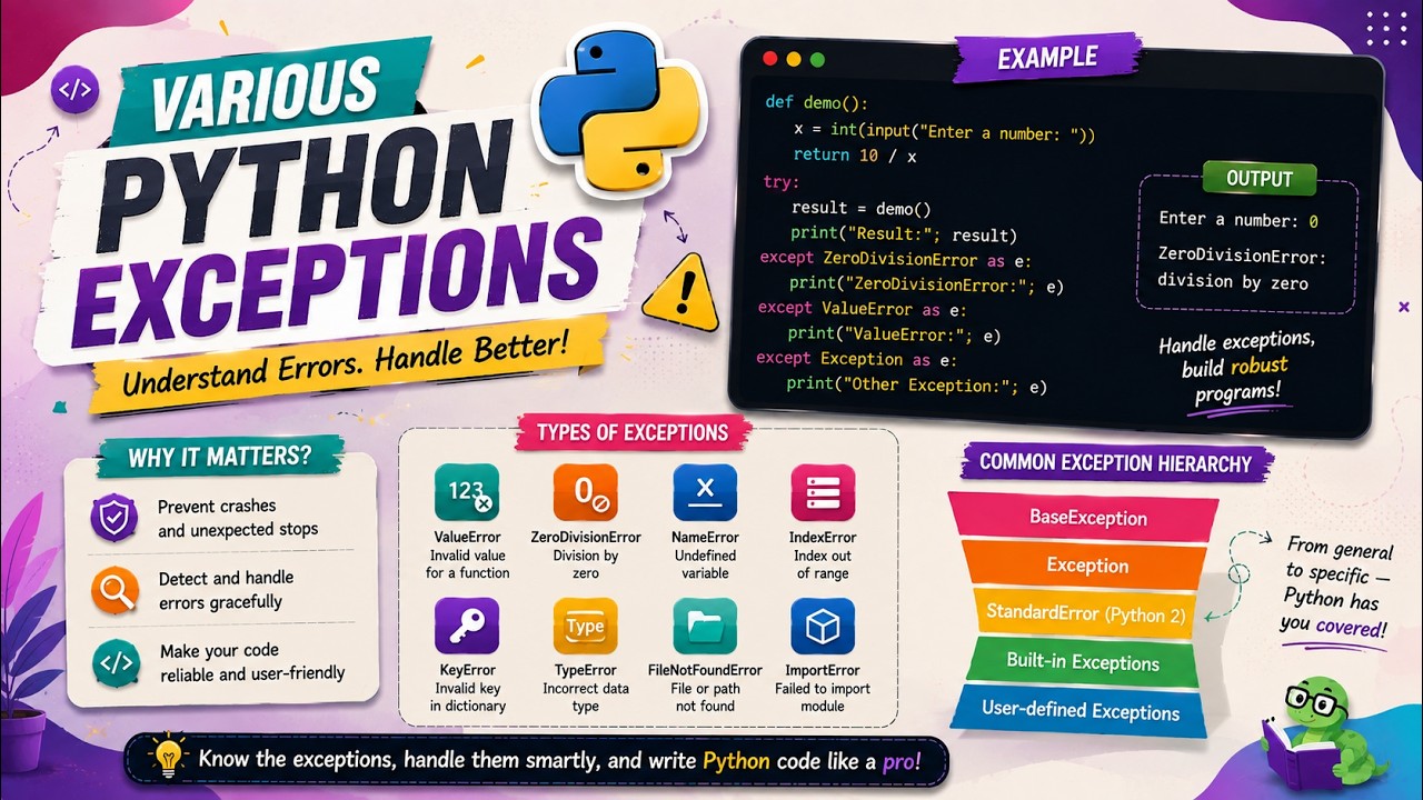 Various Python Exceptions | Python Tutorial for Beginners - YouTube