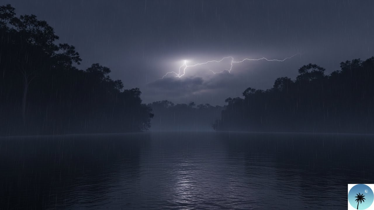 Tropical Night Rain Ambience • Heavy Rain on Rainforest River & Soft Thunder