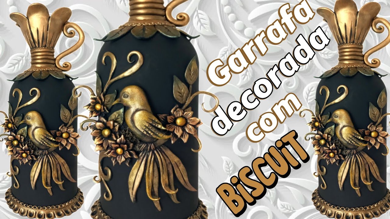 Artesanato com biscuit: reciclando garrafa de  vidro/ garrafa decorada com biscuit/ porcelana fria