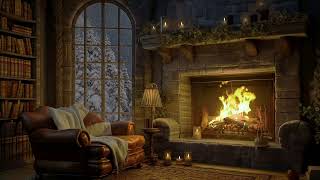Crackling Fireplace Ambience Sounds  Cozy Cabin Ambience | Soft Jazz Music, Blizzard for Sleep