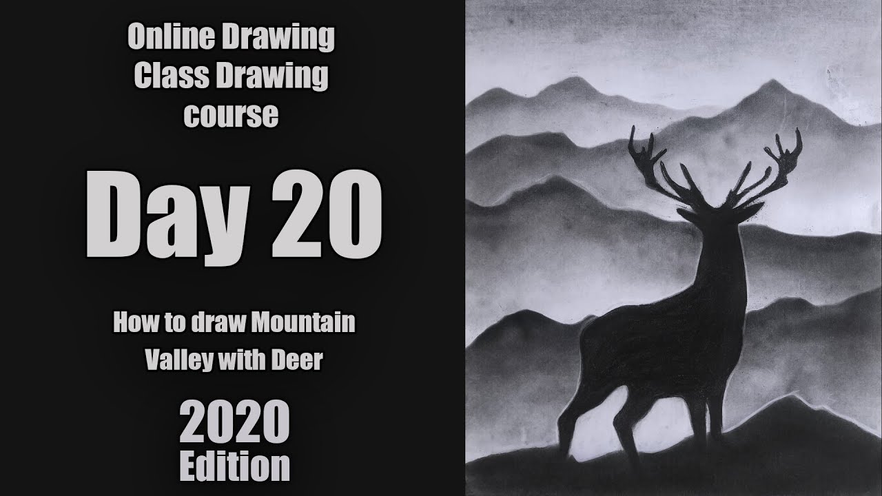 Drawing for Beginners - Step by Step | Day - 020 | Mountain Valley with Deer | Blending Technique