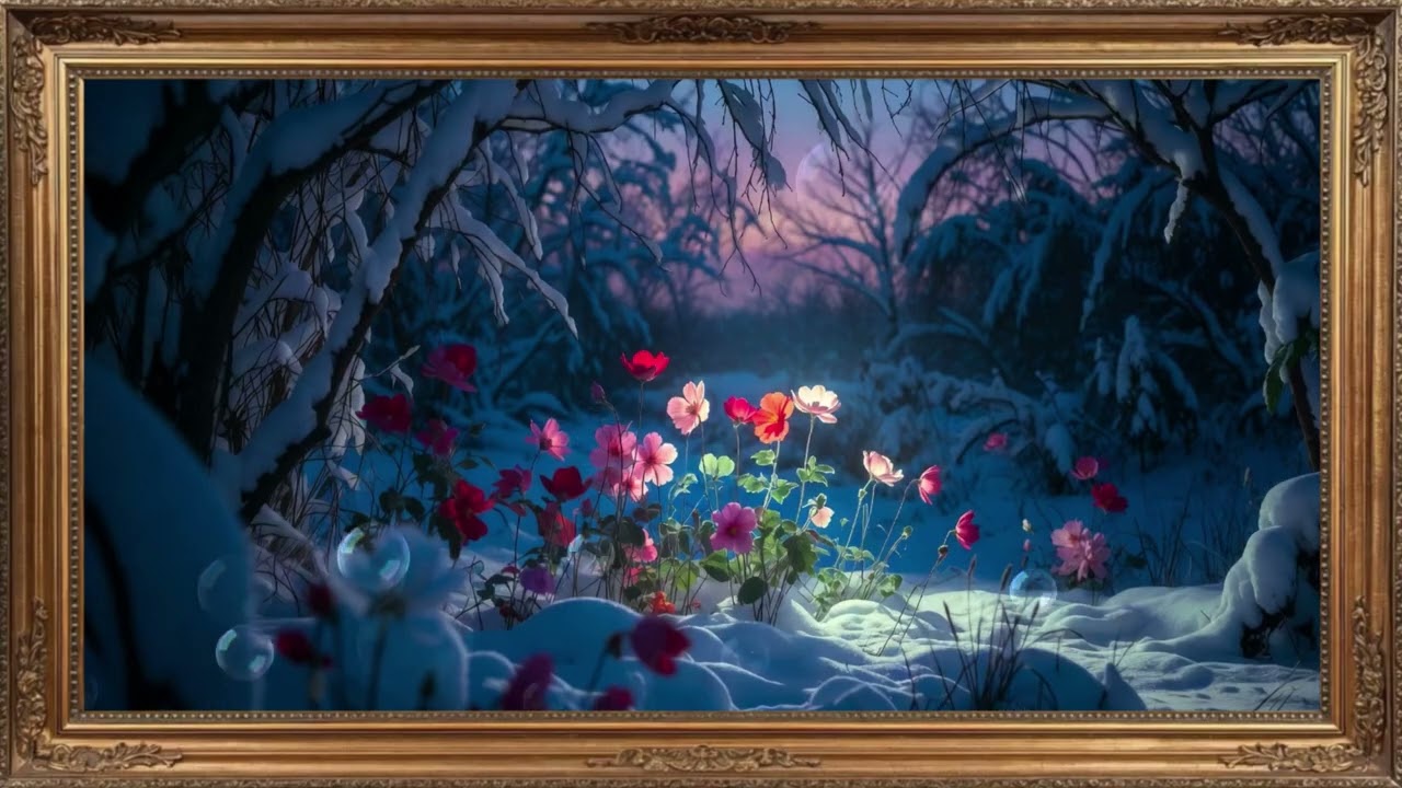 The frame Art of Minimalist Winter Flower Garden | Ultra-HD Snow Wallpaper 